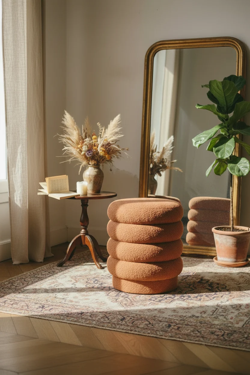 Orange Upholstered Square Accent Stool