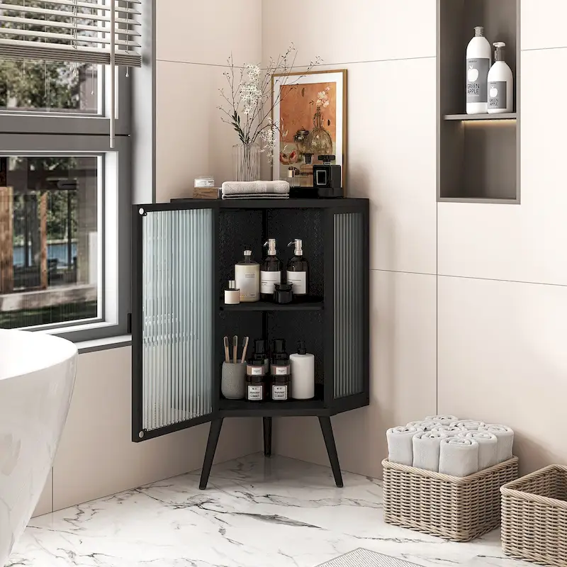 22.25Floor Coner Cabinet with Tempered Glass Door & Storage Shelves for Bathroom, Living Room, Bedroom (White)
