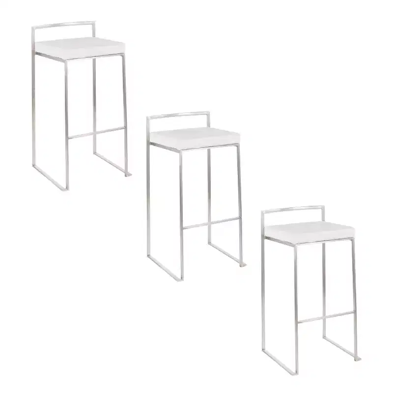 LumiSource Set of 3 Fuji Stacker Barstools Stainless Steel/White Velvet