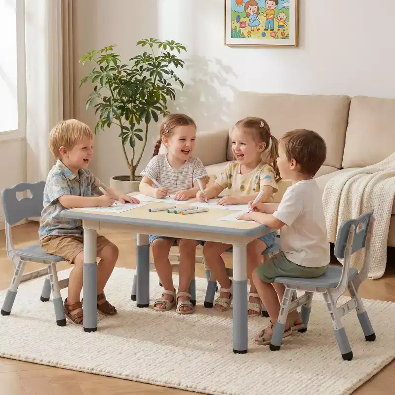 Kinder King Kids Table and 4 Chairs Set, Adjustable Height Activity Table, Easy-Clean Drawing Surface, Non-Slip Legs, Rectangular 31.5