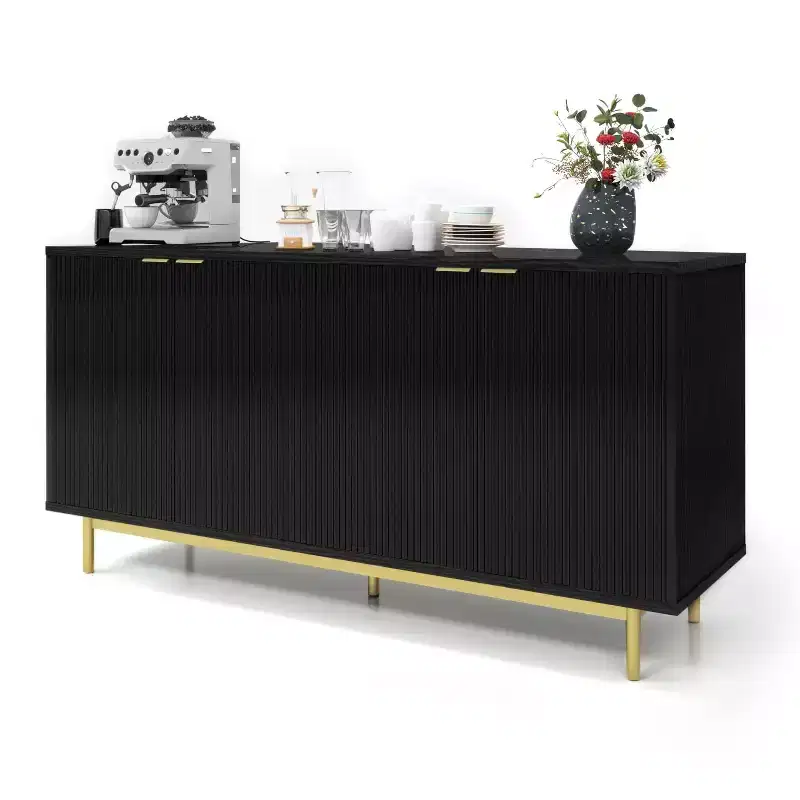 Dyonery 58 inch side panel buffet cabinet with storage space, slotted cabinet with adjustable shelves and 4 doors, Black/Natural wood color