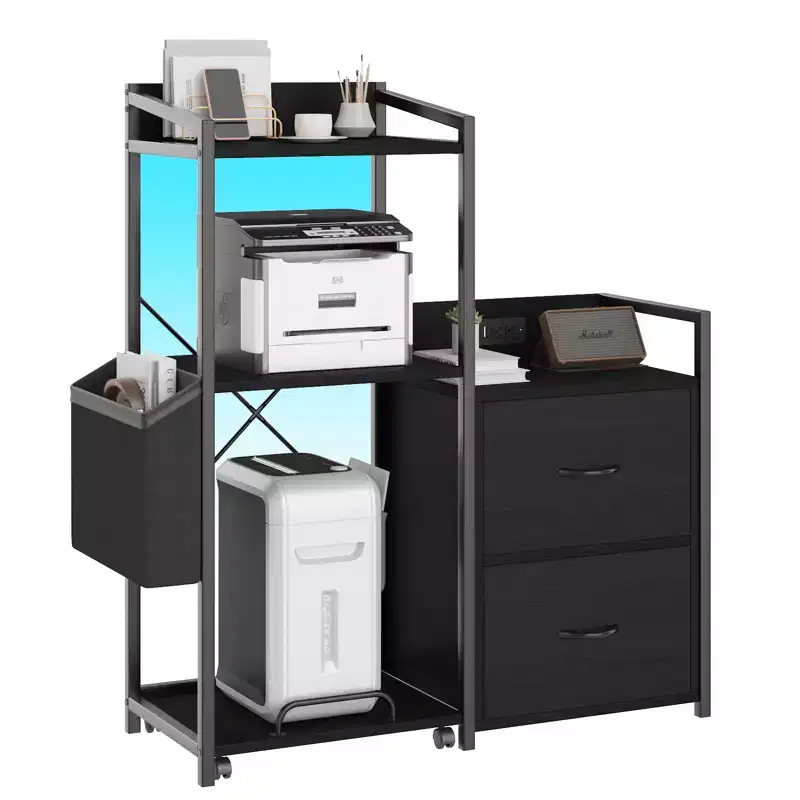 2-Drawer File Cabinet C Letter/Legal/A4 Size, with Power Strip, LED Lights & Open Shelf for Home Office, Printer & Shredder Storage
