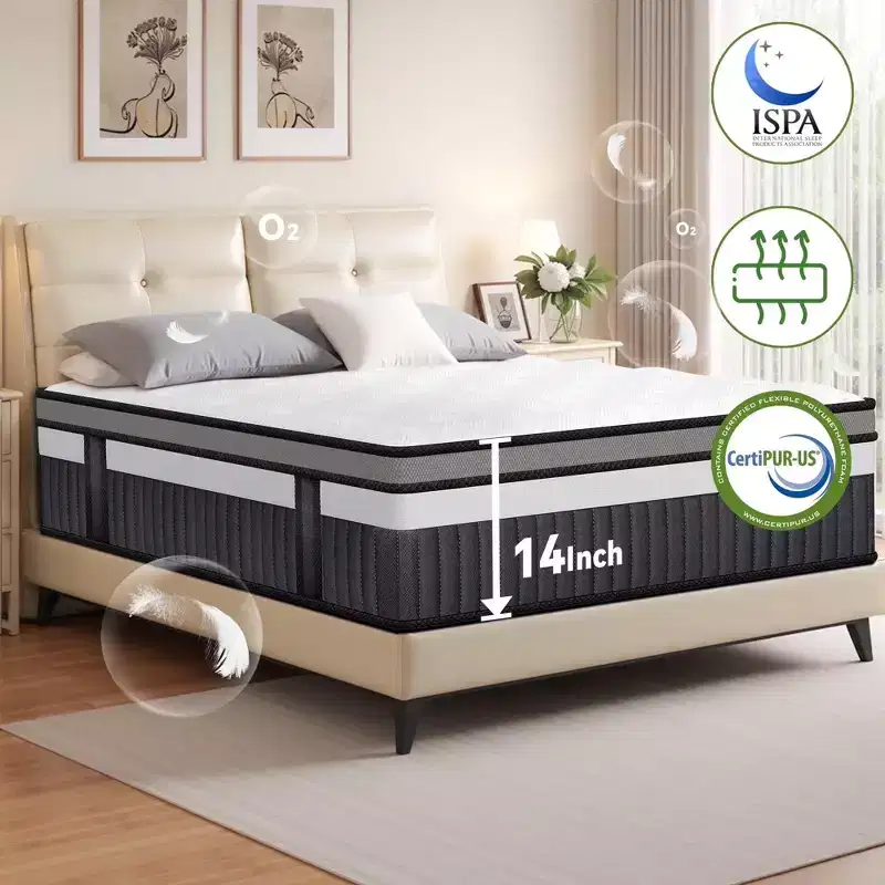 King Mattress 14 inch Hybrid Mattress, Cooling Memory Foam Mattress in a Box with Individually Pocket Springs, CertiPUR-US Certified, Medium Firm