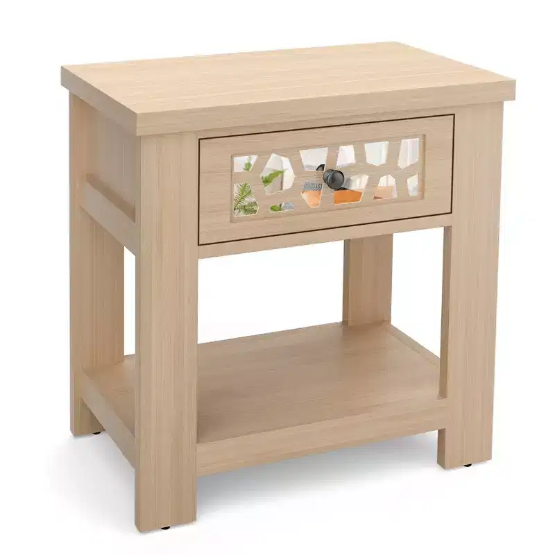 Rustic Side End Table Nightstand with Drawer & Open Shelf - Wood
