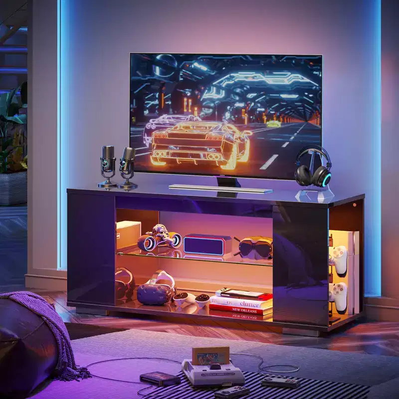 PINMOCO 47 inch High Glossy TV Stand for TVs up to 55 inch with LED and Open Storage Shelves Entertainment Center
