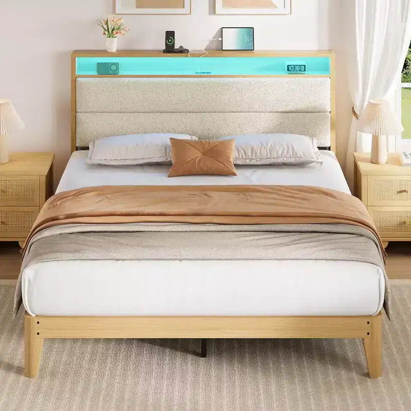Upholstered Boucle Bed Frame with RGB LED Light and Charging Station, 2-Tier Storage Headboard and Wooden Slats Support