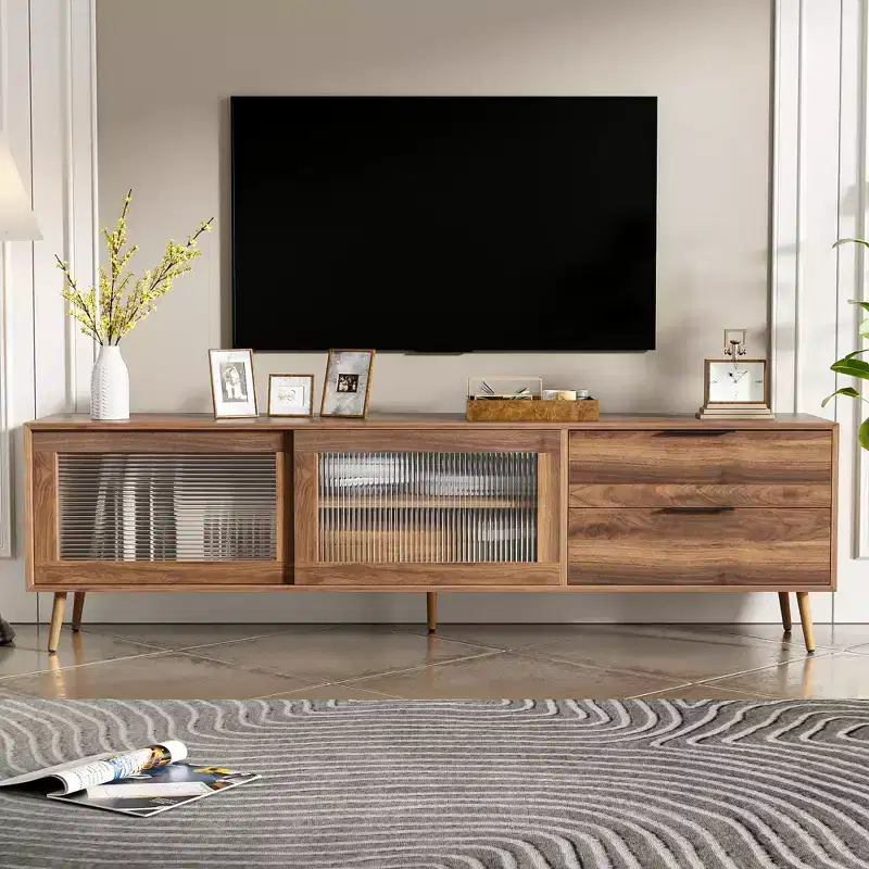 Vintage TV Stand with Fluted Glass Doors for 75 inch TV, Wood TV Storage Cabinet Table with Drawers and Solid Wood Legs for Living Room, Walnut
