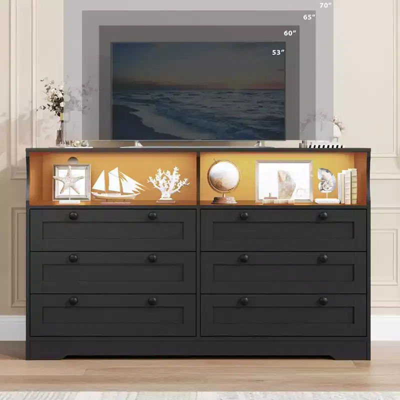 Wood Dresser, 55 Wide 6 Drawer Chest, Perfect for Organizing Bedroom, Living Room, Closet, and Hallway