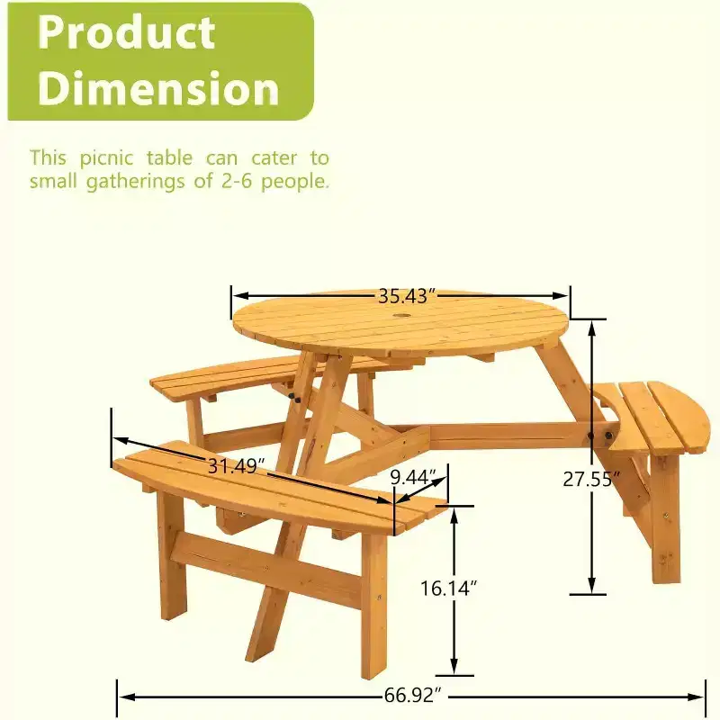 Round Wooden Picnic Table, 6 Person Outdoor Picnic Table with Benches, Umbrella Hole, 1720Lb Capacity, Outdoor