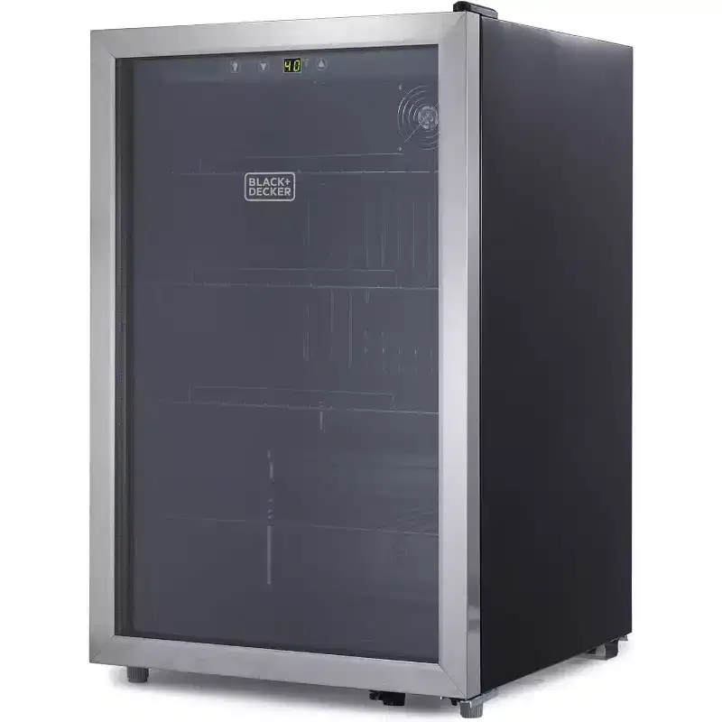 BLACK+DECKER 4.4 Cu. Ft. Beverage Cooler, Beverage Fridge with Double Pane Glass Door, Refrigerator for Drinks with 160-Can Capacity, LED Display