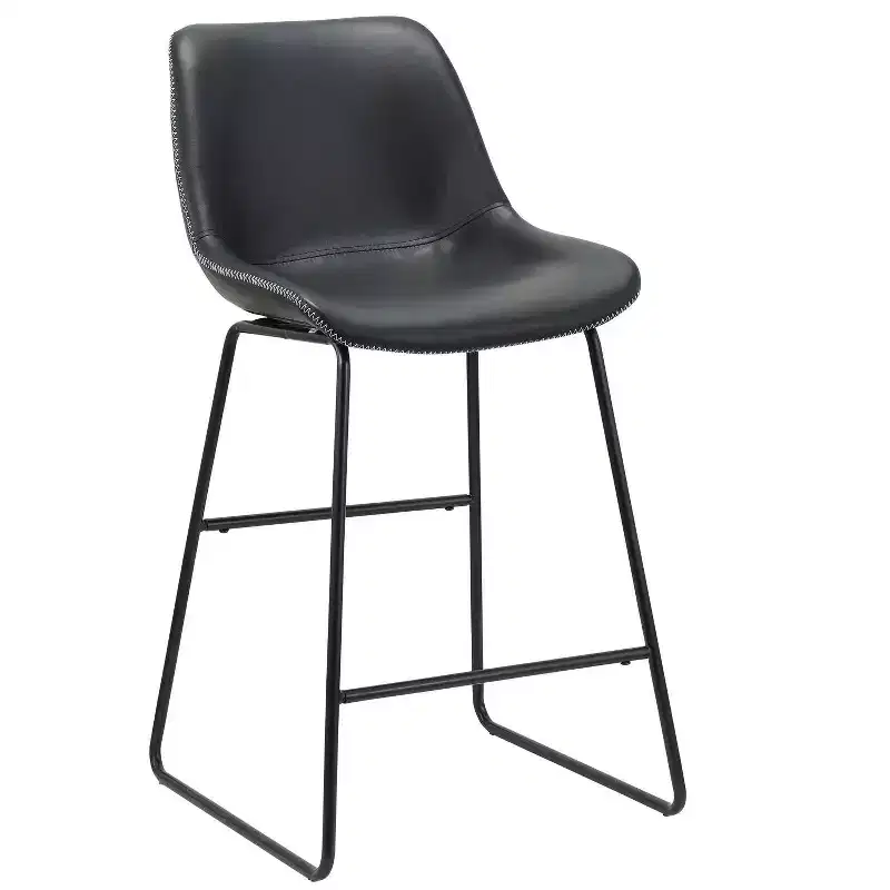 HomeRoots Set of Two Black Faux Leather and Metal Low Back Counter Height Bar Chairs