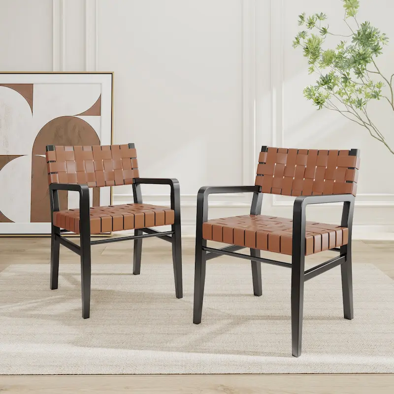 Woven PU Leather Rubberwood Dining Chairs with Arms (Set of 2)