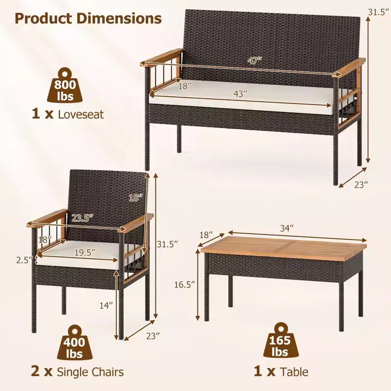 Gymax Set of 4 Patio Dining Set w/Acacia Wood Coffee Table White Cushions for Backyard Garden