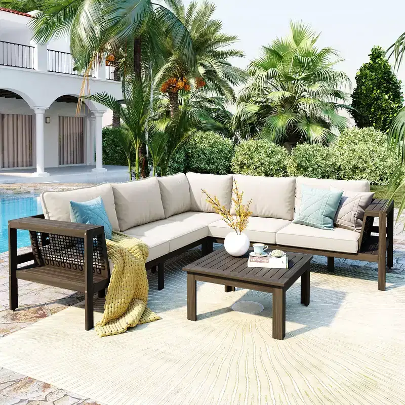 GDFStudio Alberta Patio Modern 4-Piece Acacia Wood L-Shaped Sofa Set with Woven Rope Armrests, Coffee Table, and Cushions