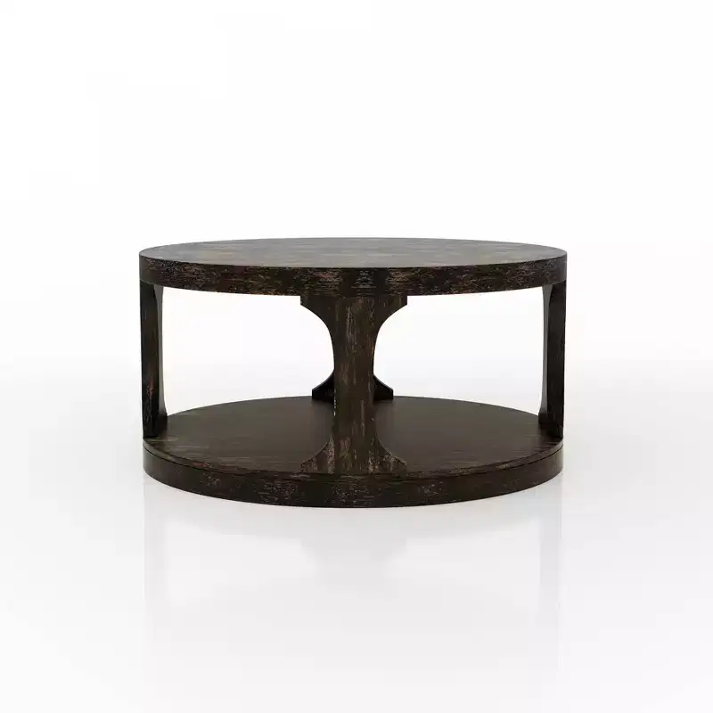 HOMES: Inside + OutSande Farmhouse Round Wood Coffee Table Antique Black: Fixed Shelf, Transitional Style