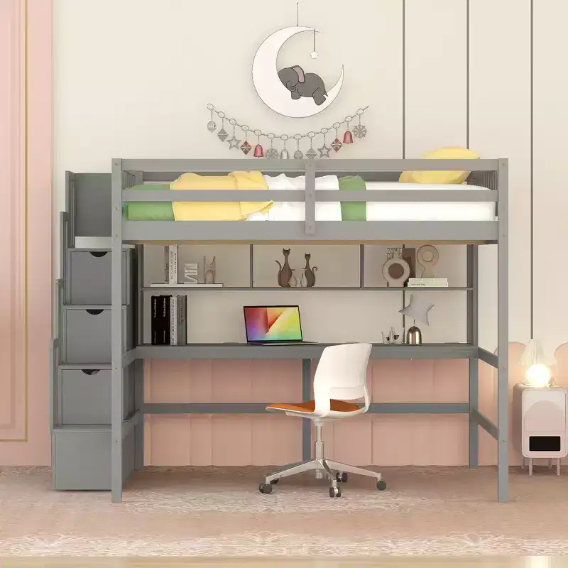 Full Loft Bed with Desk, Storage Shelves & Staircase