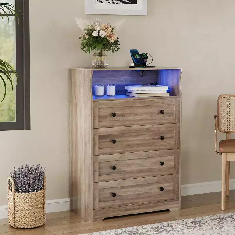 COZONY 4 Drawer Wooden Dresser with LED Lights & Charging Station, Modern Nightstand & Storage Organizer