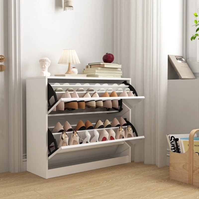 White 2-Drawer Flip-Door Shoe Cabinet, Holds up to 18 Pairs