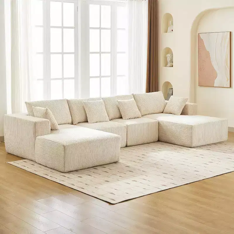 Acekool 137 U-Shaped Cloud Sectional - No Assembly Corduroy Sofa with Convertible Chaise & Deep Seating for Living Rooms (White)