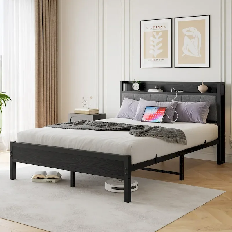 Queen/Full/Twin Size Bed Frame with Storage Headboard and Charging Station, Noise Free