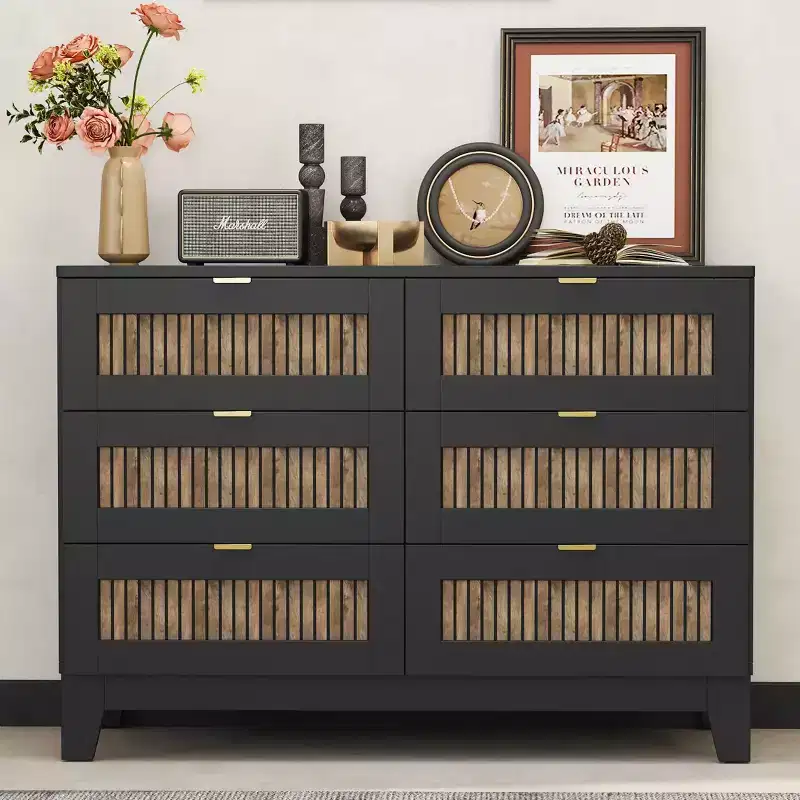 Farmhouse Dresser for Bedroom with 6 Drawers, Wooden Storage Cabinet with Metal Handles for Living Room Hallway, Brown