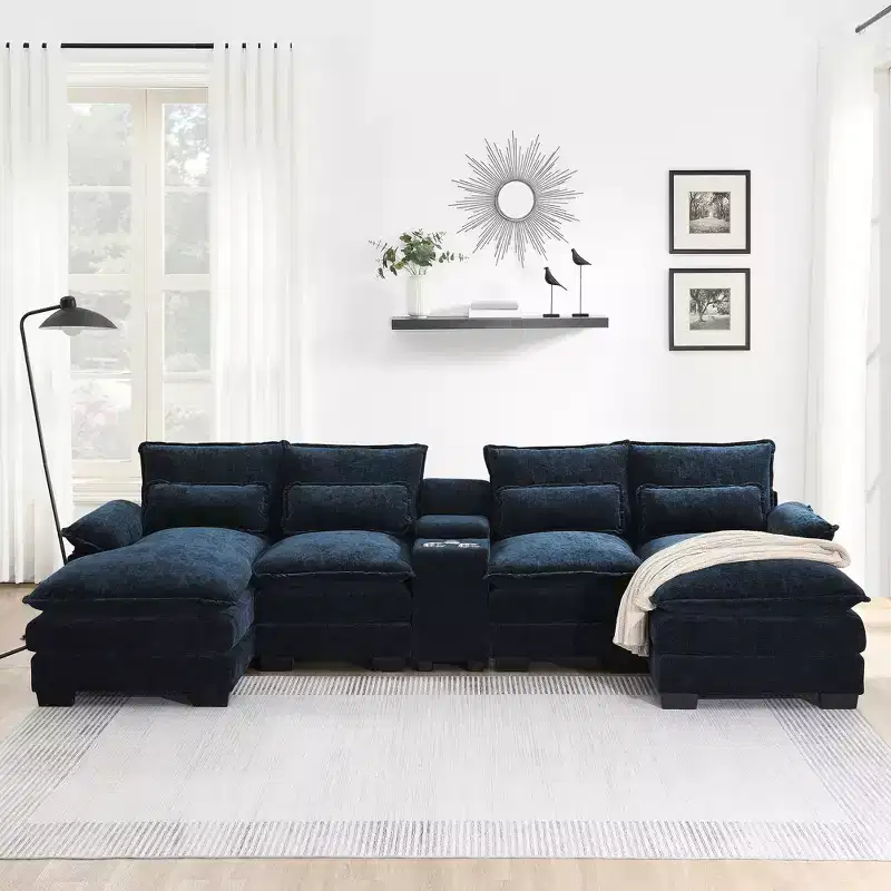 Whisen Modern Design Chenille U-shaped Sectional Sofa with Cup Holders and USB Charger