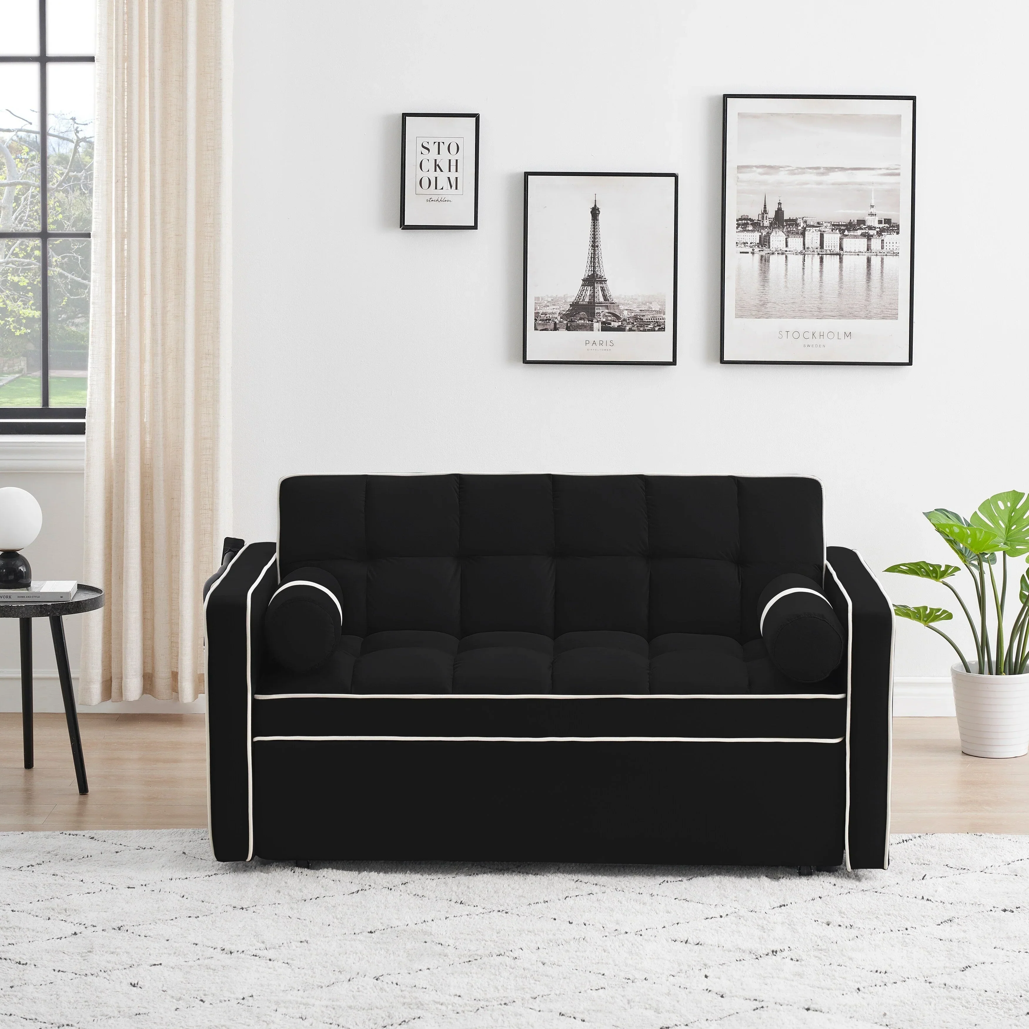 Velvet Convertible 55'' 2-Seater Sleeper Sofa with Pull-Out Bed, Adjustable Recline, Side Pockets, and Phone Holder