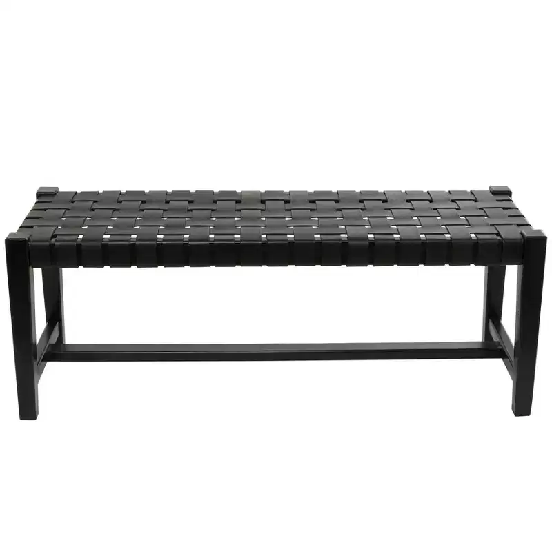 Modern Leather Woven Bench Black - Olivia & May: Handmade Teak Frame, Polished Finish, Upholstered, Entryway Seating