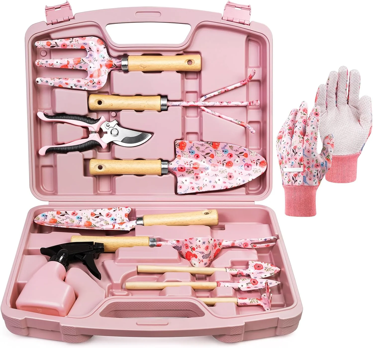12-Piece Complete Garden Tool Set with Carrying Case, Floral Print Rust-Proof Trowel, Rake, Weeder and Pruner