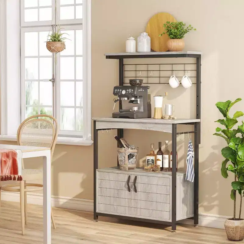 Height-Adjustable Microwave Stand Baker's Rack with Cabinet, Hooks & Wheels, Kitchen Storage