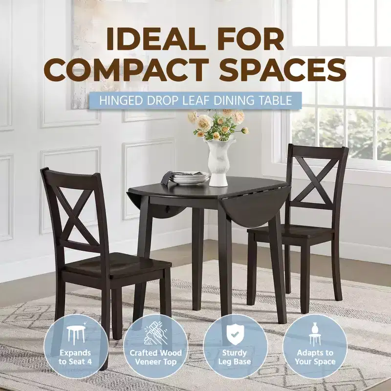 ROME + OAK Drop Leaf Table with Set of 2 X-Back Chairs, Wooden Dining Set, Brown