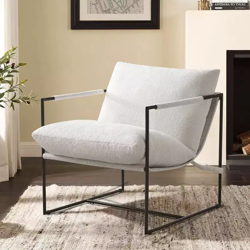 Gray & Ivory White Boucle Sling Accent Chair with Metal Frame, Single Seat