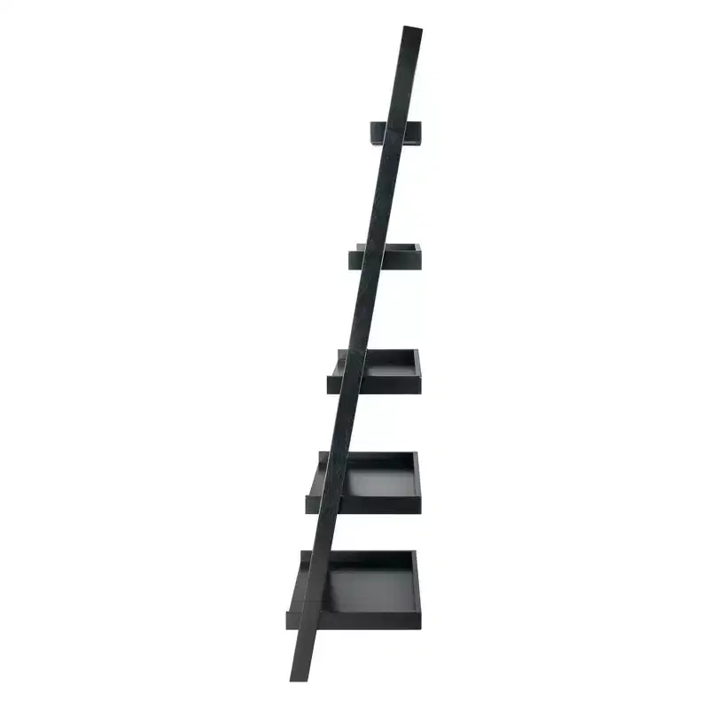 Black 5-Tier Leaning Shelf – Contemporary Wood Bookcase for 1