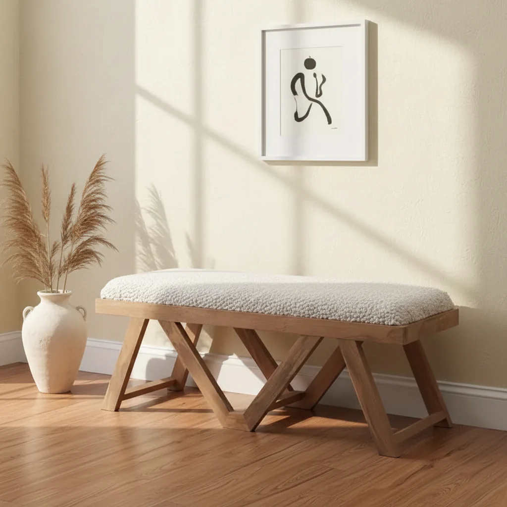 Boho Solid Mango Wood Bench Textured Cream Fabric Upholstered Bench Brown