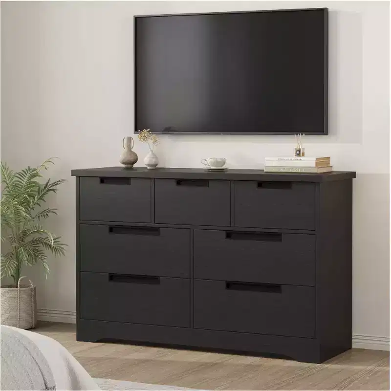 Wooden 7 Drawer Dresser for Bedroom, Black 7 Chest of Drawers with Embedded Handles, Modern Dresser Organizer Tv Stand for Home Office