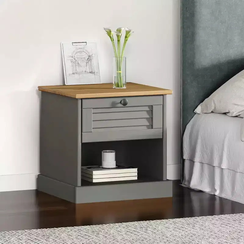 Bedside Cabinet Grey Solid pine wood, engineered wood, metal