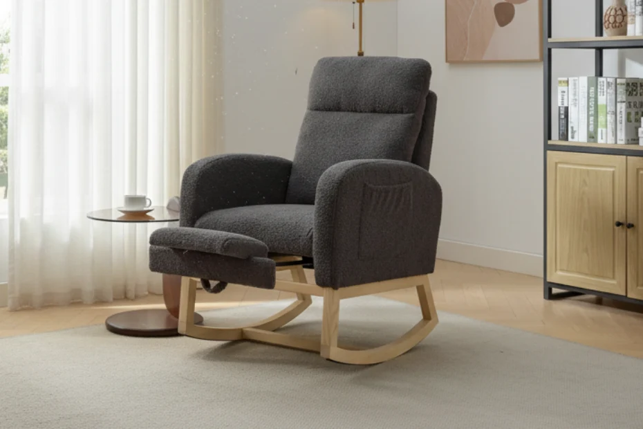 Modern 29.5 High Back Upholstered Rocking Chair with Solid Wood Legs and Adjustable Footrest