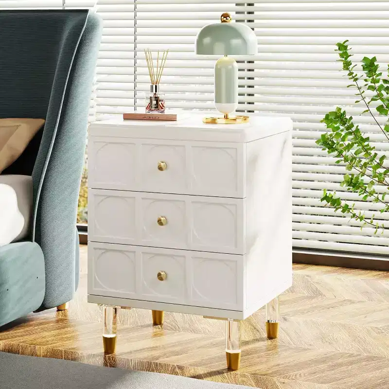 Lantine Nightstand with 3 Drawers, White and Gold Bedside Table, Modern Small Chest of Drawers, Sofa End Tables with Storage for Dorm, Bedroom