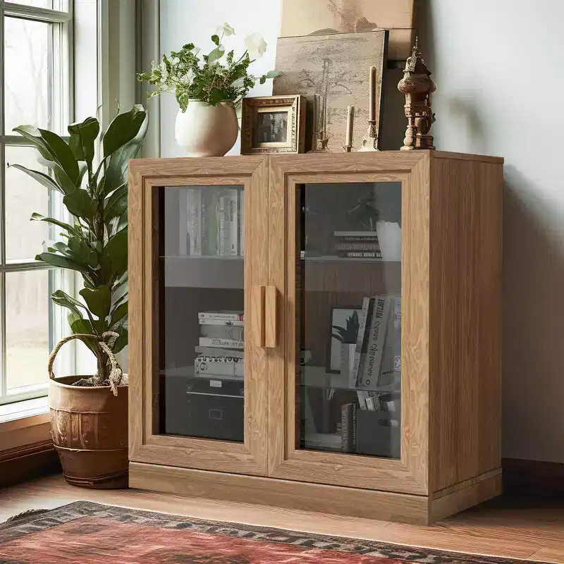 [31-inch | Natural Wood Tone]Double Glass Door Decorative Cabinet (Spacious Layered Storage + Modern Simplicity)