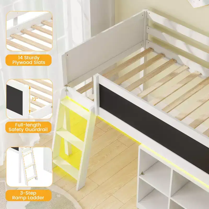 Costway Kids Loft Bed w/LED Lights Chalkboard & Removable Bookcase Safety Guardrail