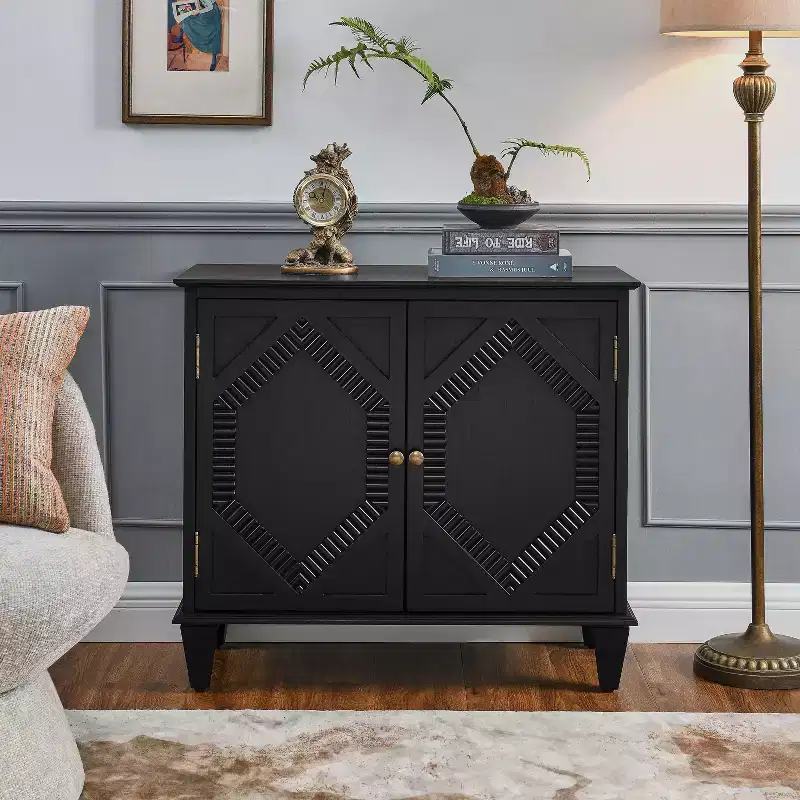 TUYOHW Buffet Server Cabinet,Cabinet with Symmetrical Geometric Accent,Adjustable Shelf,Brass Handles,Console Table for Living Room,Kitchen,Black