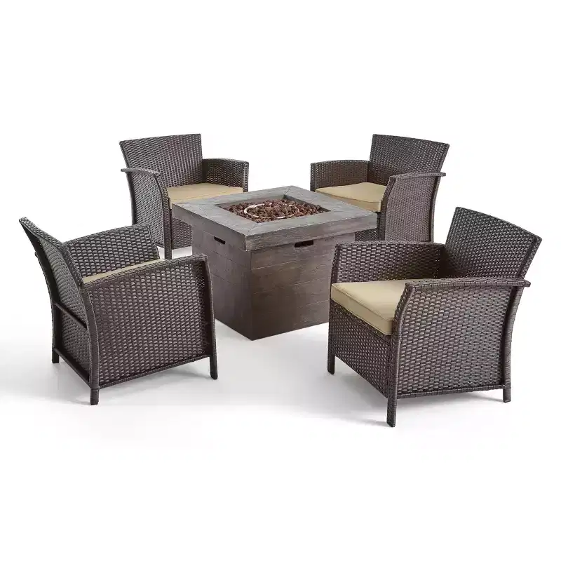 Christopher Knight Home Raina Outdoor Wicker 5 Piece Club Chair and Fire Pit Set with Cushion