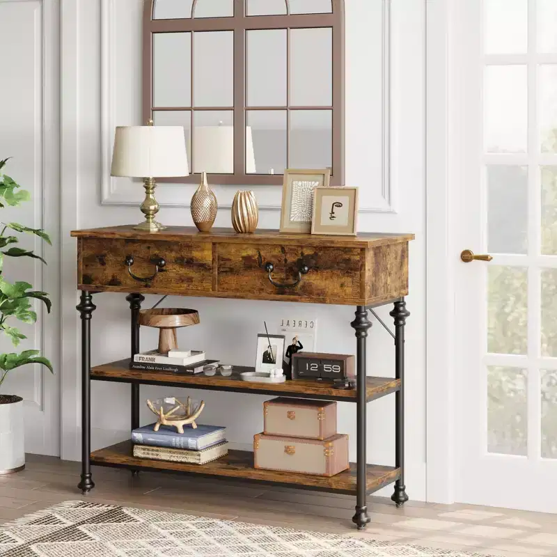 Brown / Gray, Industrial Style, 1-Person Console Table with 2 Drawers & Open Shelves