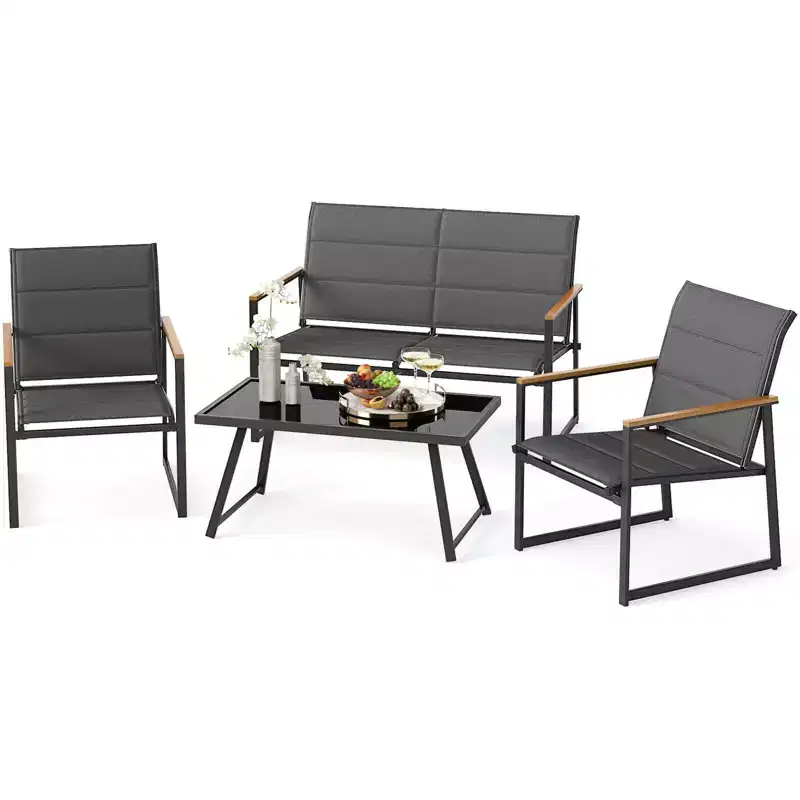 Costway 4/8 PCS Patio Furniture Setwith Padded Fabric Seat & Wood-Plastic Armrests Table