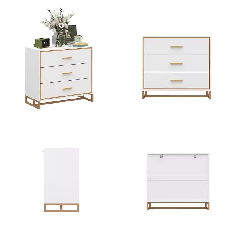 3-Drawer Modern Nightstand with Open Metal Frame, Black & Gold Finish, 28.7
