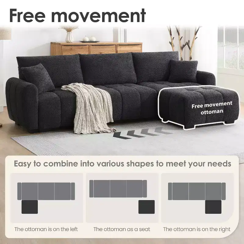 110 L-Shaped Modular Sectional Sofa with Extra-Large Seat, Pull-Line Cushion, Ottoman, Boucle Upholstery, 4-Seat