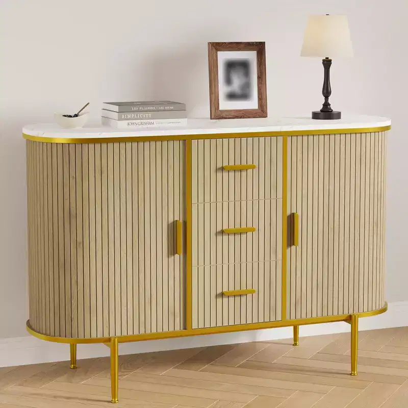 Sideboard Buffet Cabinet, Fluted Coffee Bar Cabinet with Sliding Door & 3 Drawers, Wooden Console Table, Floor Cupboard Cabinet for Kitchen