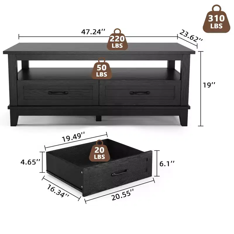 Farmhouse Coffee Table with Drawers, 47.2 in Center Table Rustic Coffee Tables Walnut Center Table with Open Shelf, 6 Support Legs