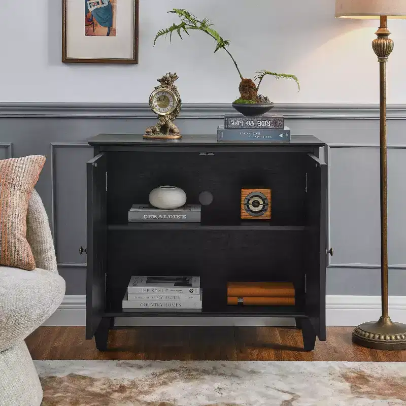 34 Geometric Accent Cabinet, Modern 2-Door Storage Buffet Cabinet with Adjustable Shelf for Entryway, Living Room