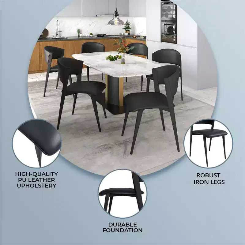LeisureMod Aspen Series Upholstered Dining Chair in Leather Seats with Black Iron Frame and Legs, Modern Kitchen, Dining Room, Cafe Seating